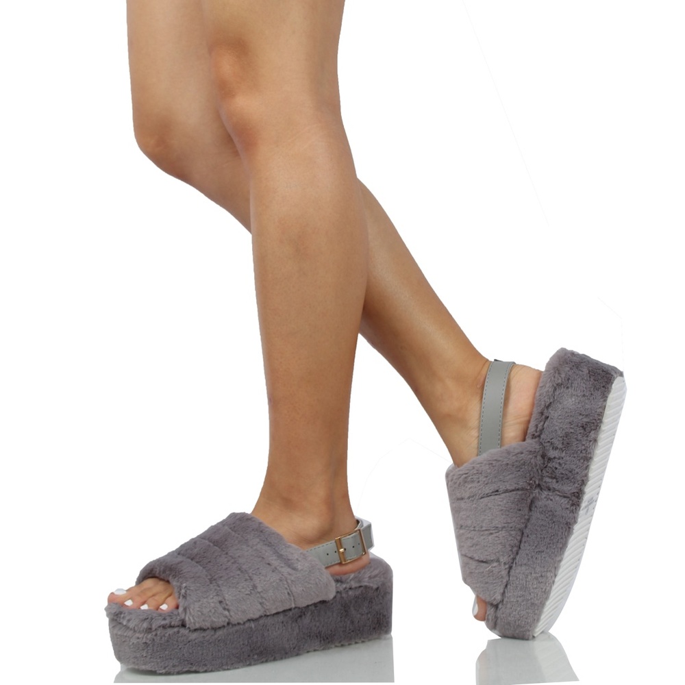 Grey Open Toe Fuzzy Slingback Platform Wed - Picture 5 of 5